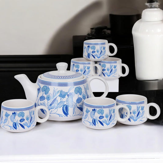 CRAF10 Handcrafted Ceramic Botanic Blue Teapot Cup Set - 1 Kettle (1 Litre) & 6 Cups (160 ML)