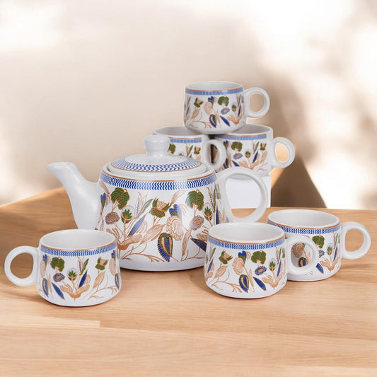 CRAF10 Handcrafted Ceramic Botanic Gold Teapot Cup Set - 1 Kettle (1 Litre) & 6 Cups (160 ML)