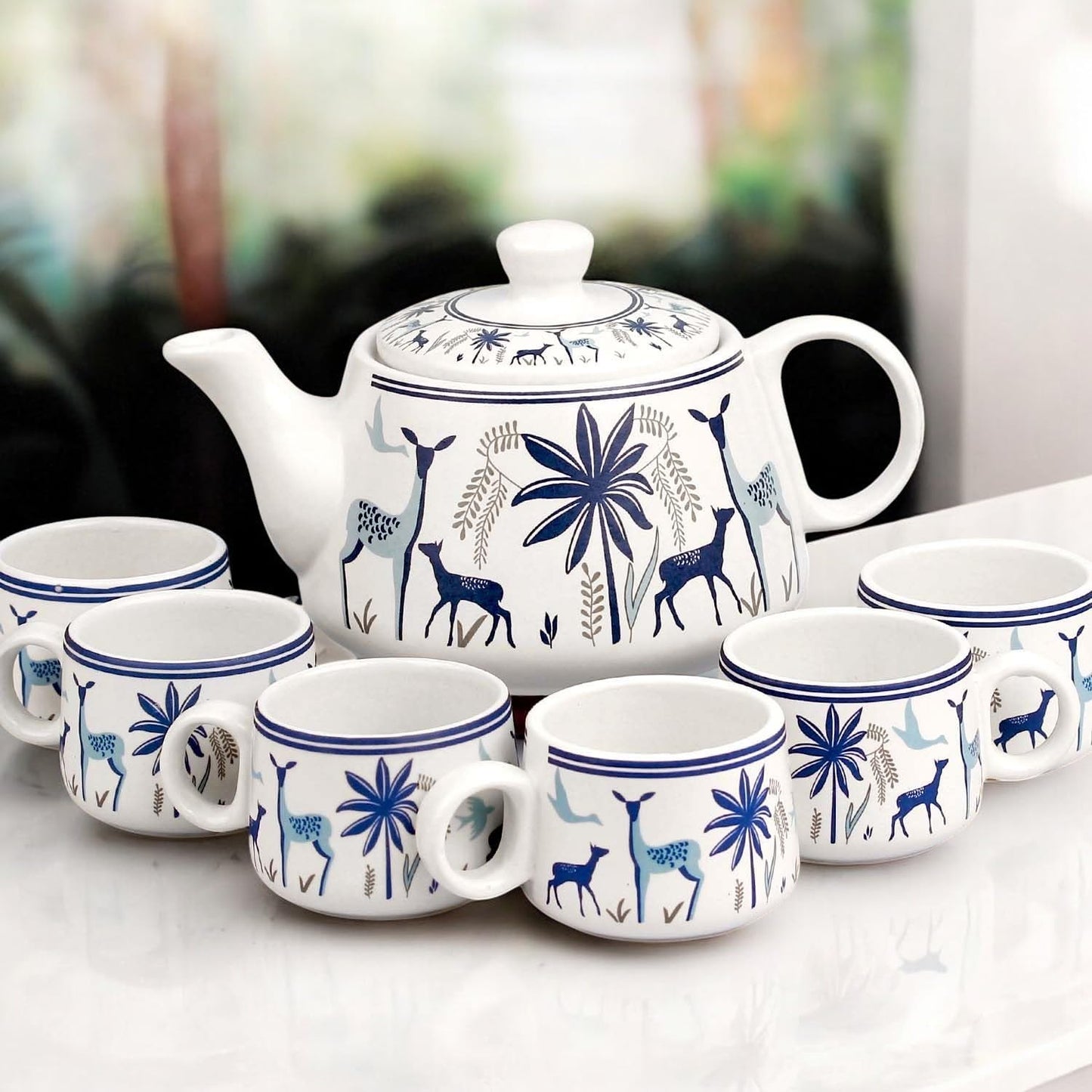 CRAF10 Handcrafted Ceramic Blue Stag Teapot Cup Set - 1 Kettle (1 Litre) & 6 Cups (160 ML)