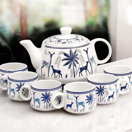 CRAF10 Handcrafted Ceramic Blue Stag Teapot Cup Set - 1 Kettle (1 Litre) & 6 Cups (160 ML)