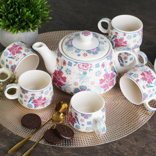 CRAF10 Handcrafted Ceramic Botanic Bliss Teapot Cup Set - 1 Kettle (1 Litre) & 6 Cups (160 ML)