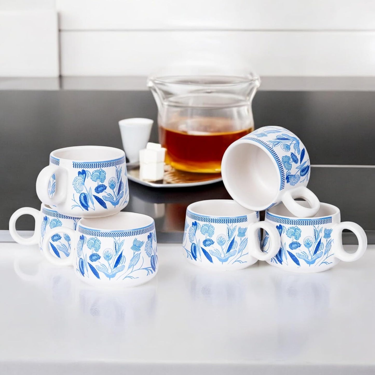 Botanic Blue Tea Cup Set of 6, 150 ML, Microwave Safe