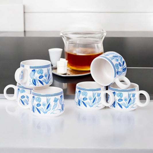 Botanic Blue Tea Cup Set of 6, 150 ML, Microwave Safe