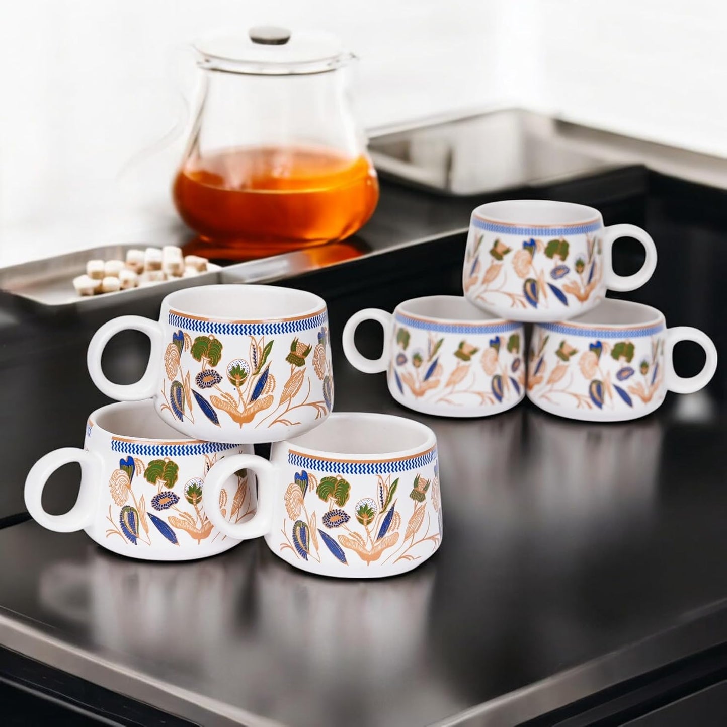 Botanic Gold Tea Cup Set of 6, 150 ML, Microwave Safe