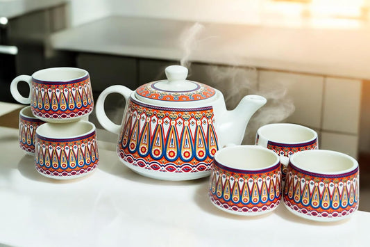 CRAF10 Handcrafted Ceramic Color Bliss Teapot Cup Set - 1 Kettle (1 Litre) & 6 Cups (160 ML)