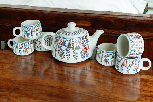 CRAF10 Handcrafted Ceramic Design Bliss Teapot Cup Set - 1 Kettle (1 Litre) & 6 Cups (160 ML)