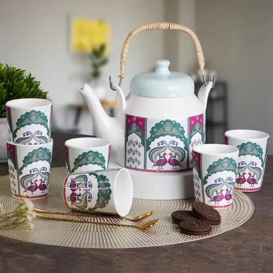 CRAF10 Handcrafted Ceramic Fauna and Flora Teapot Cup Set - 1 Kettle (1 Litre) & 6 Cups (160 ML)