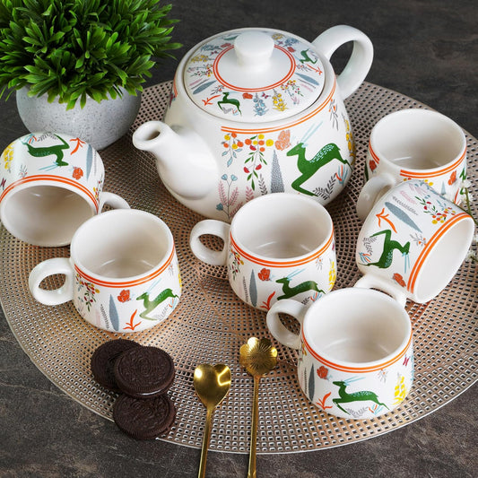 CRAF10 Handcrafted Ceramic Green Stag Teapot Cup Set - 1 Kettle (1 Litre) & 6 Cups (160 ML)