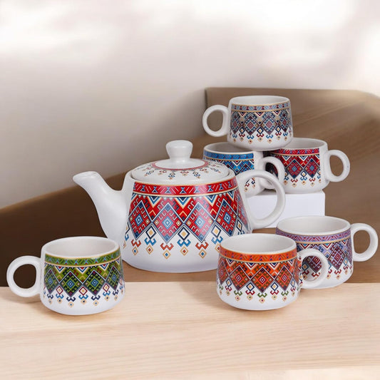 CRAF10 Handcrafted Ceramic Print Bliss Teapot Cup Set - 1 Kettle (1 Litre) & 6 Cups (160 ML)
