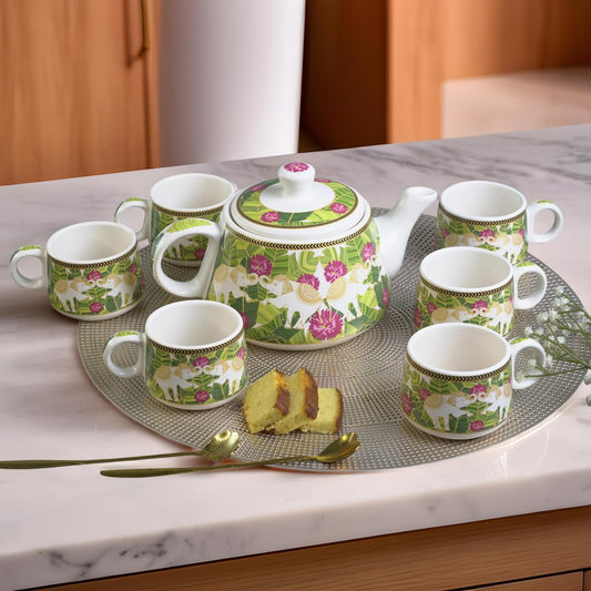 CRAF10 Handcrafted Ceramic Royal Elephant Teapot Cup Set - 1 Kettle (1 Litre) & 6 Cups (160 ML)
