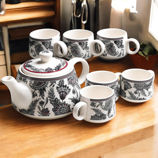 CRAF10 Handcrafted Ceramic Stylo Black Teapot Cup Set - 1 Kettle (1 Litre) & 6 Cups (160 ML)