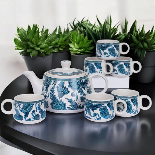 CRAF10 Handcrafted Ceramic Stylo Blue Teapot Cup Set - 1 Kettle (1 Litre) & 6 Cups (160 ML)